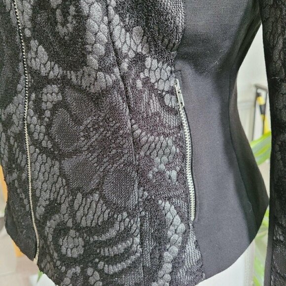 Miss Selfridge Black Lace & Metallic Gunmetal Moto Jacket Size 8 Lightweight - Picture 8 of 9